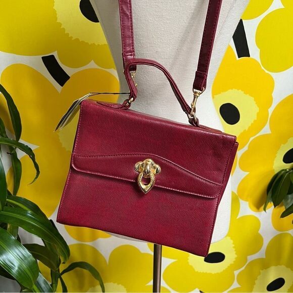 Vintage Handbags - Vintage 1990s Deadstock NWT Red Embossed Top Handle Satchel Handbag